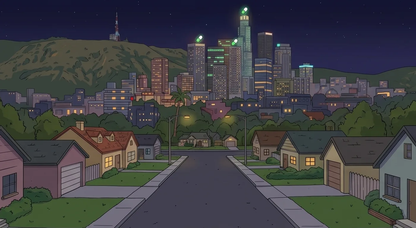 The Solangeles cartoon city at night